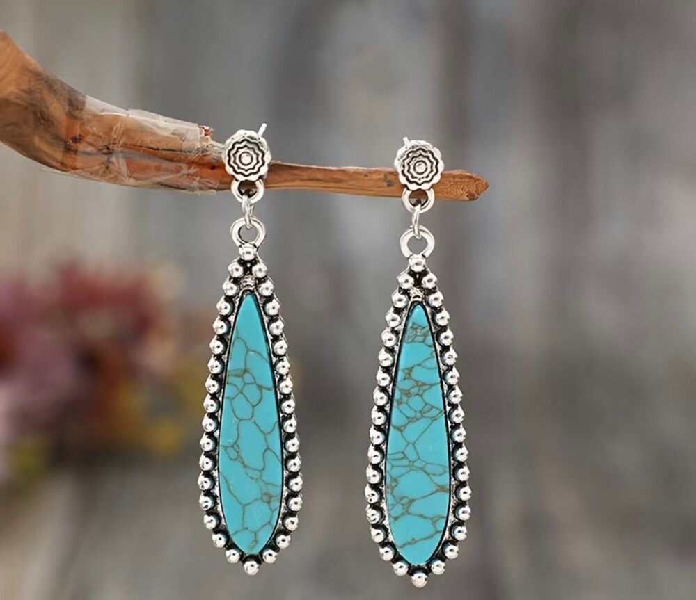 Turquoise Teardrop Dangle Earrings Silver Tone Western Southwestern Boho New